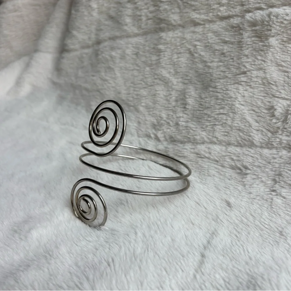 Silver Spiral Arm Cuff Bracelet Upper Armband Adjustable Statement Festival - Picture 2 of 6